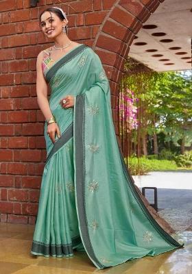 Light Blue Embroidered Cotton Saree Set