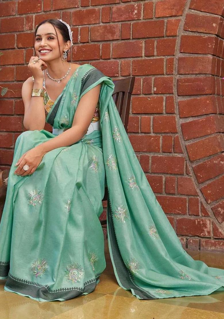 Light Blue Embroidered Cotton Saree Set - Indya