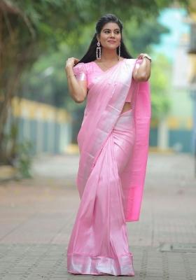 Pink Embroidered Silk Saree Set