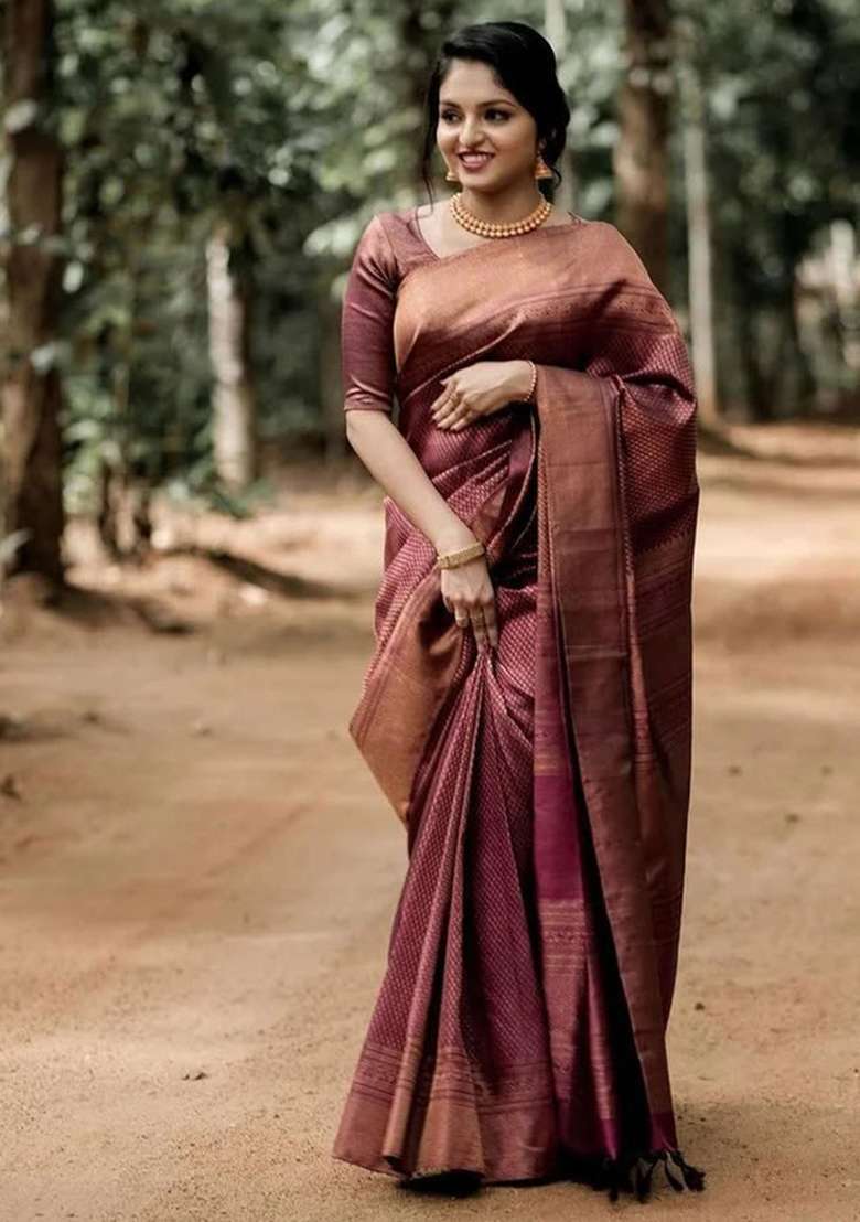 Maroon Silk Blend Saree Set with Embroidered for Diwali | Wedding & Festive Wear - Indya
