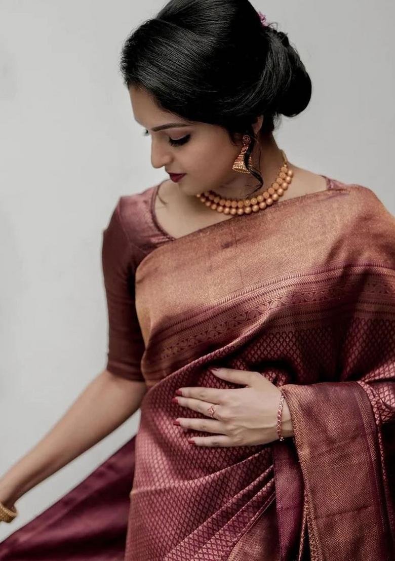 Maroon Embroidered Silk Saree Set - Indya
