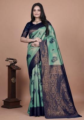 Light Blue Embroidered Silk Saree Set