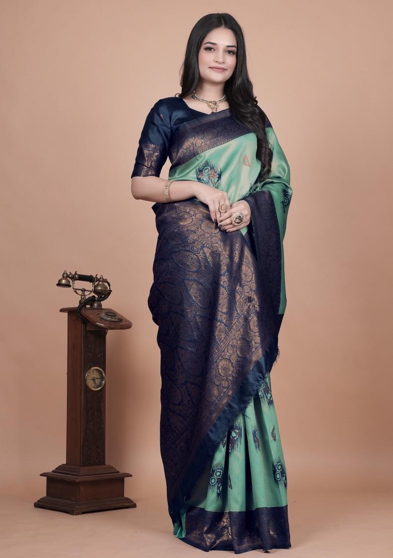 Light Blue Embroidered Silk Saree Set - Indya