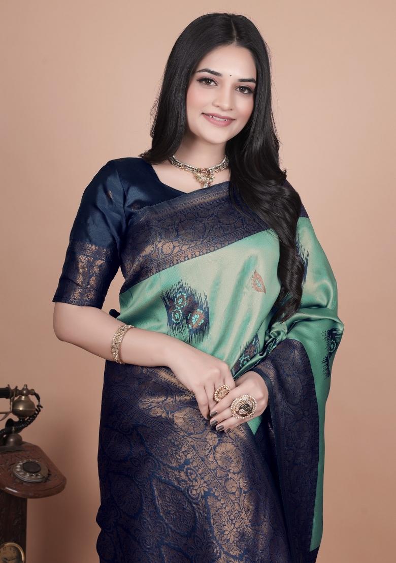 Light Blue Embroidered Silk Saree Set - Indya