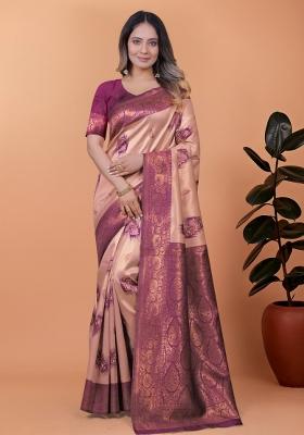 Peach Embroidered Silk Saree Set