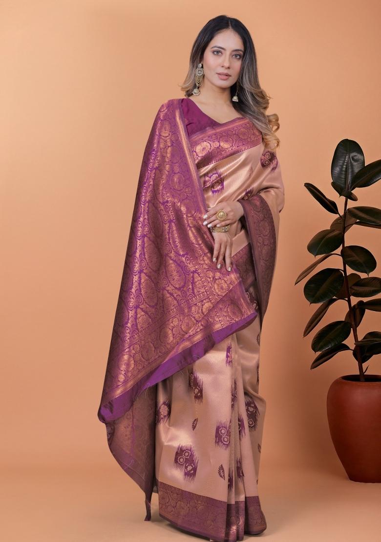 Peach Embroidered Silk Saree Set - Indya