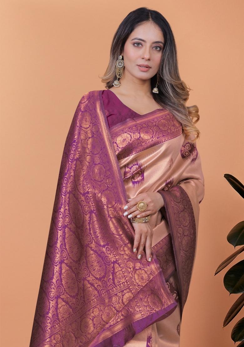 Peach Embroidered Silk Saree Set - Indya