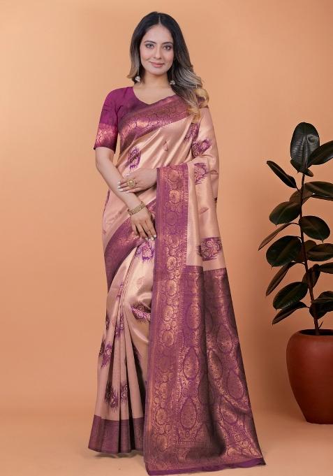 Peach Embroidered Silk Saree Set