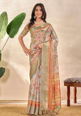 Grey Embroidered Silk Saree Set