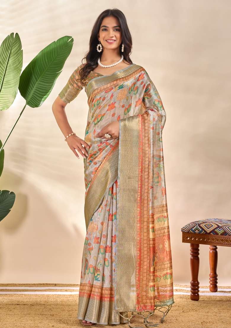 Grey Silk Blend Saree Set with Embroidered for Diwali | Wedding & Festive Wear - Indya