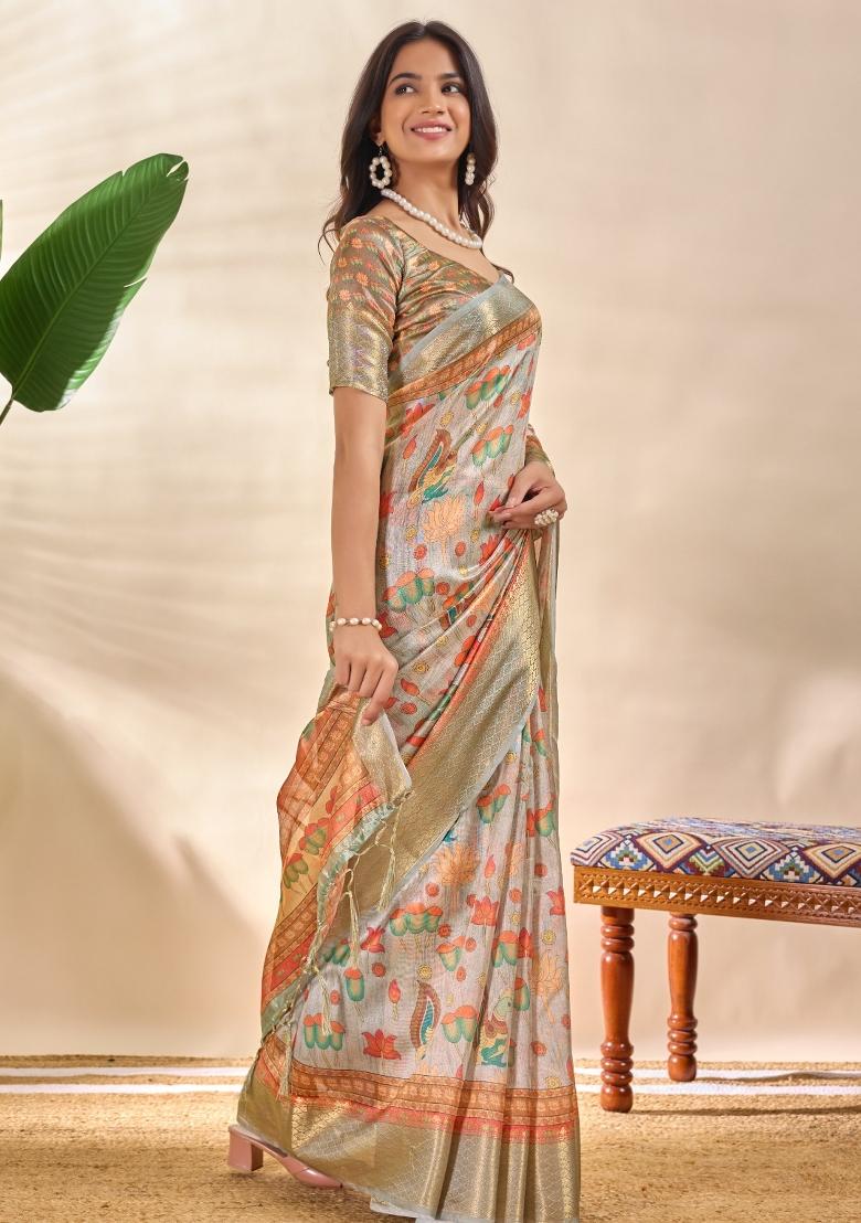 Grey Embroidered Silk Saree Set - Indya