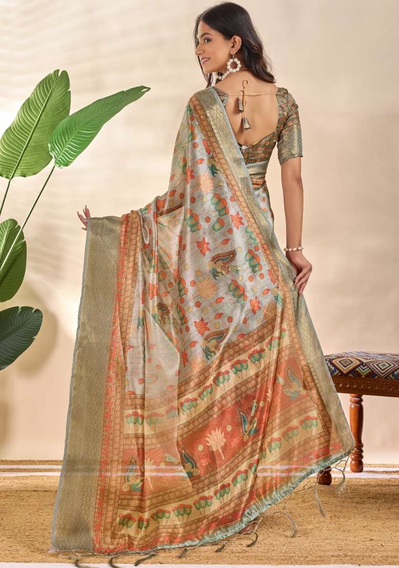 Grey Silk Blend Saree Set with Embroidered for Diwali | Wedding & Festive Wear - Indya