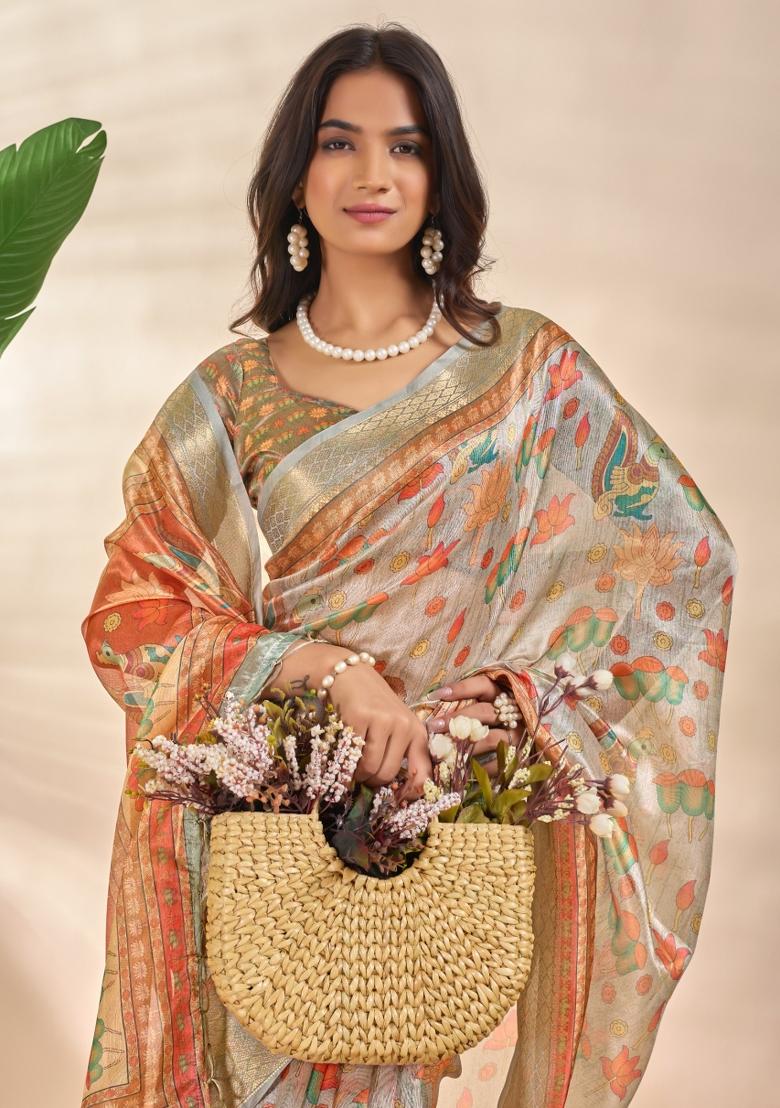 Grey Embroidered Silk Saree Set - Indya