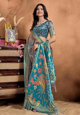 Blue Embroidered Silk Saree Set