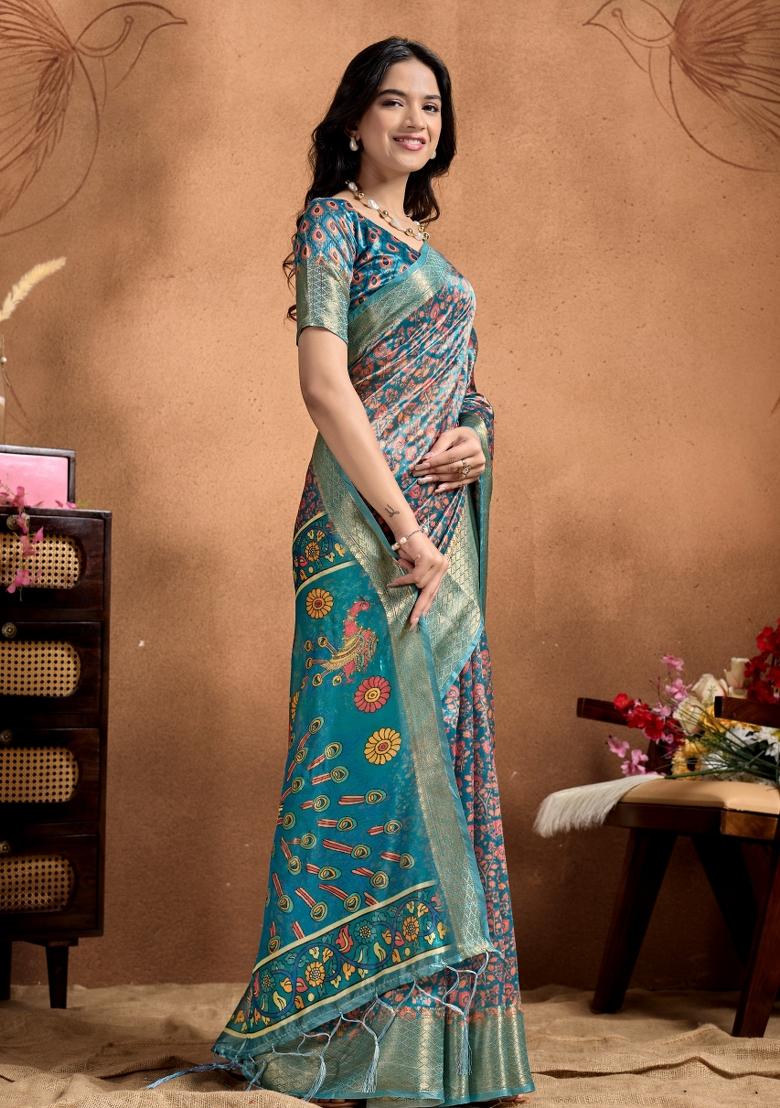 Blue Embroidered Silk Saree Set - Indya