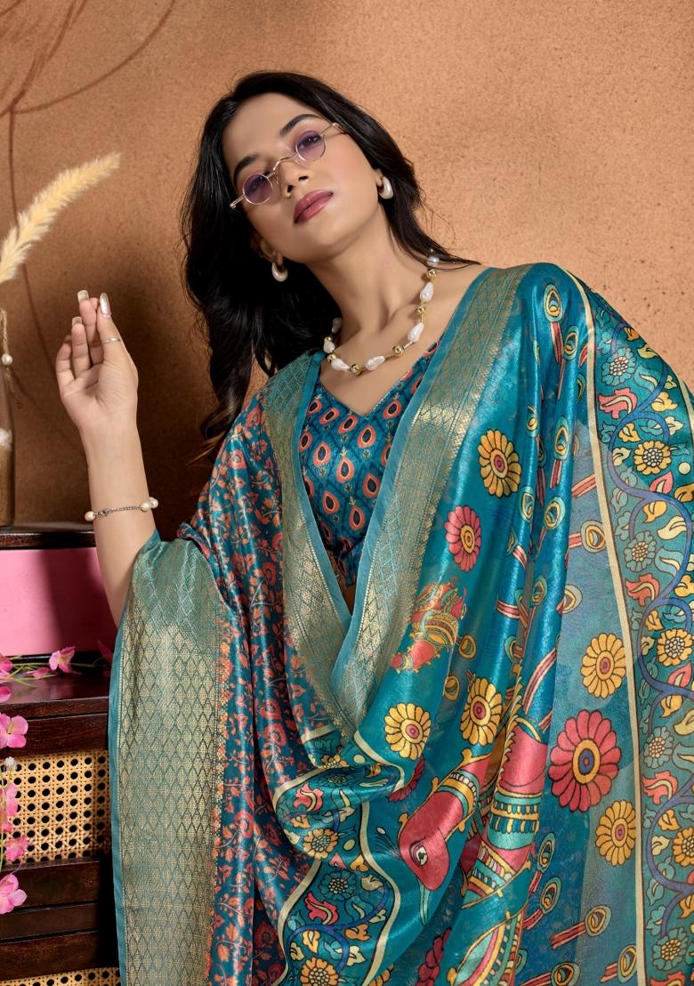 Blue Embroidered Silk Saree Set - Indya