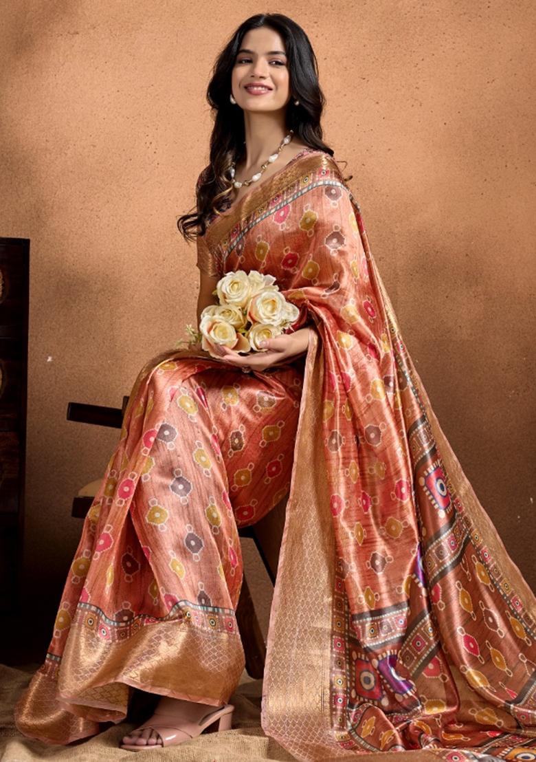 Peach Embroidered Silk Saree Set - Indya