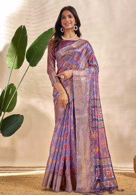Purple Embroidered Silk Saree Set
