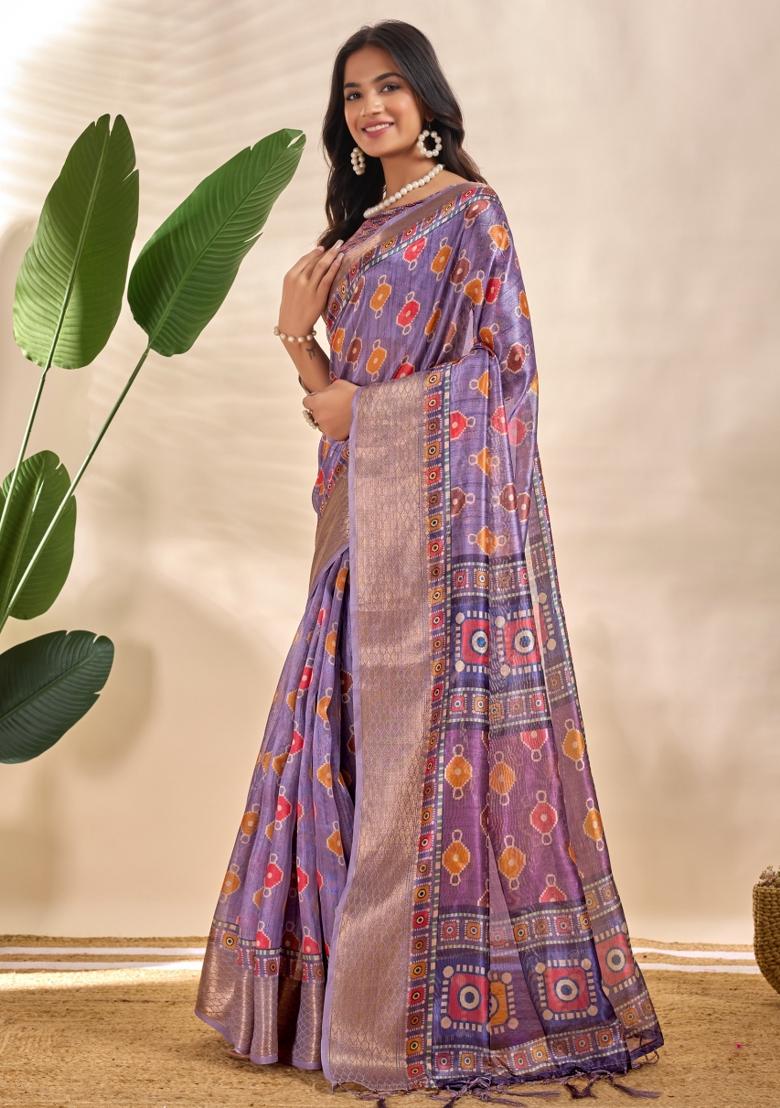 Purple Embroidered Silk Saree Set - Indya