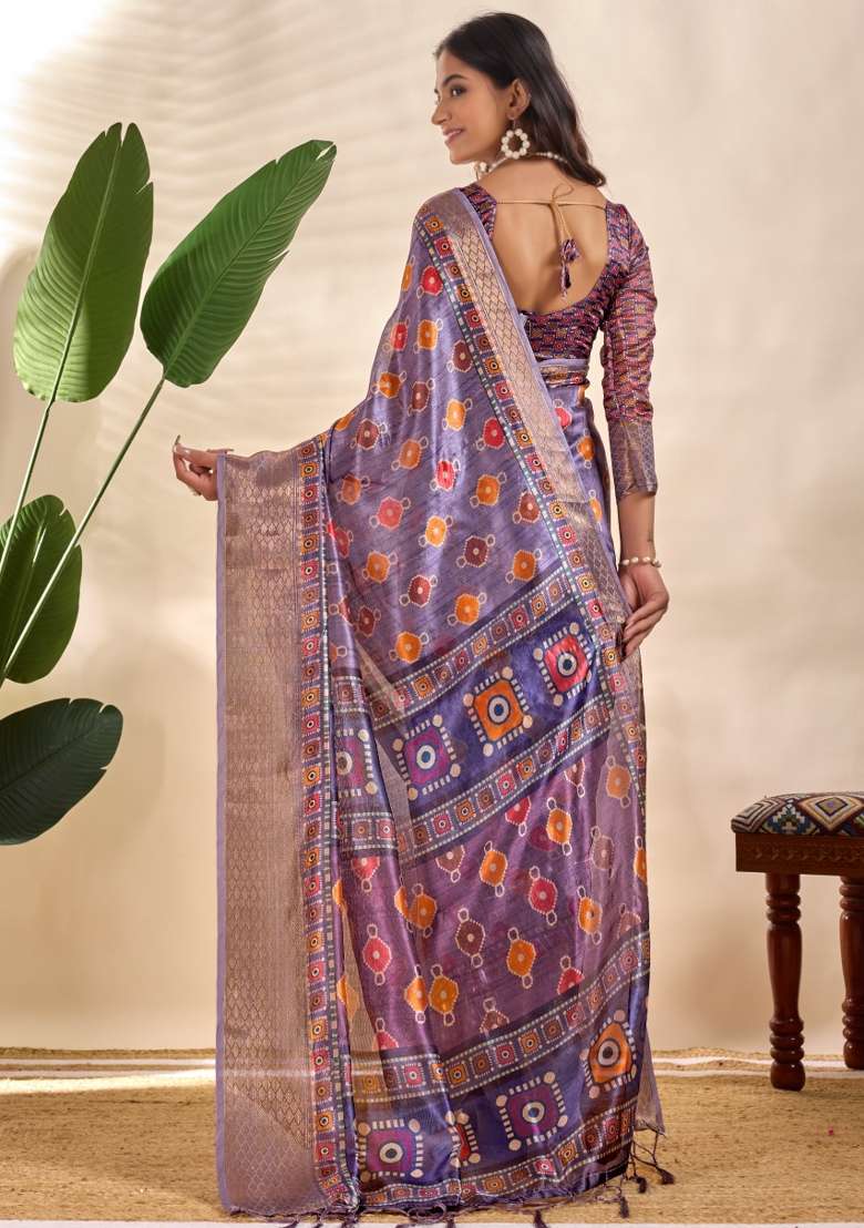 Purple Silk Blend Saree Set with Embroidered for Diwali | Wedding & Festive Wear - Indya