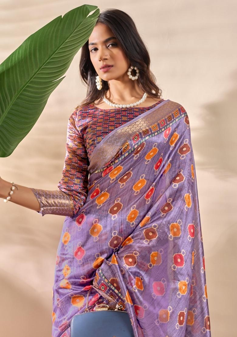 Purple Embroidered Silk Saree Set - Indya