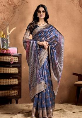 Blue Embroidered Silk Saree Set