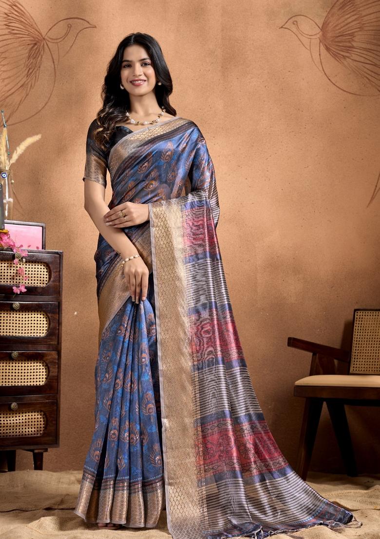 Blue Embroidered Silk Saree Set - Indya