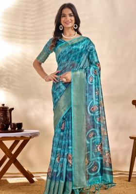 Blue Embroidered Silk Saree Set