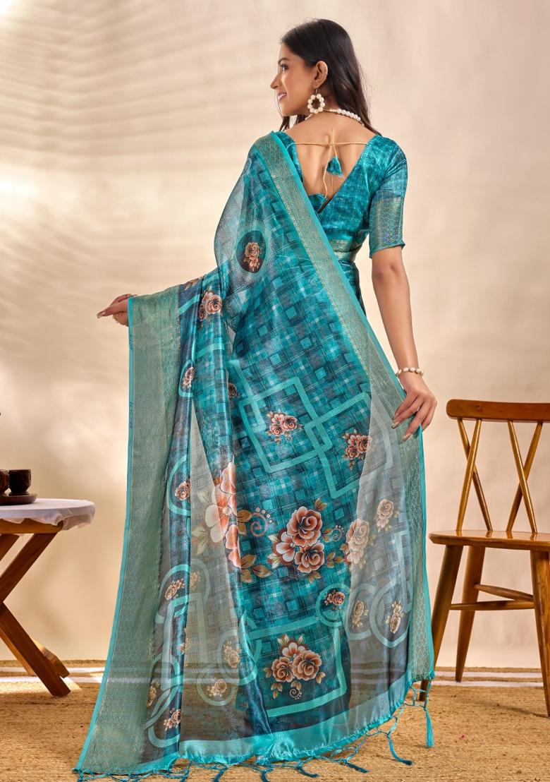Blue Embroidered Silk Saree Set - Indya
