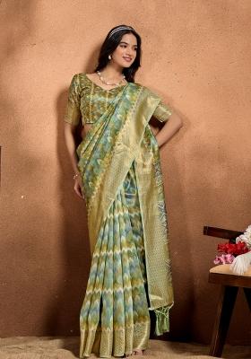 Green Embroidered Silk Saree Set