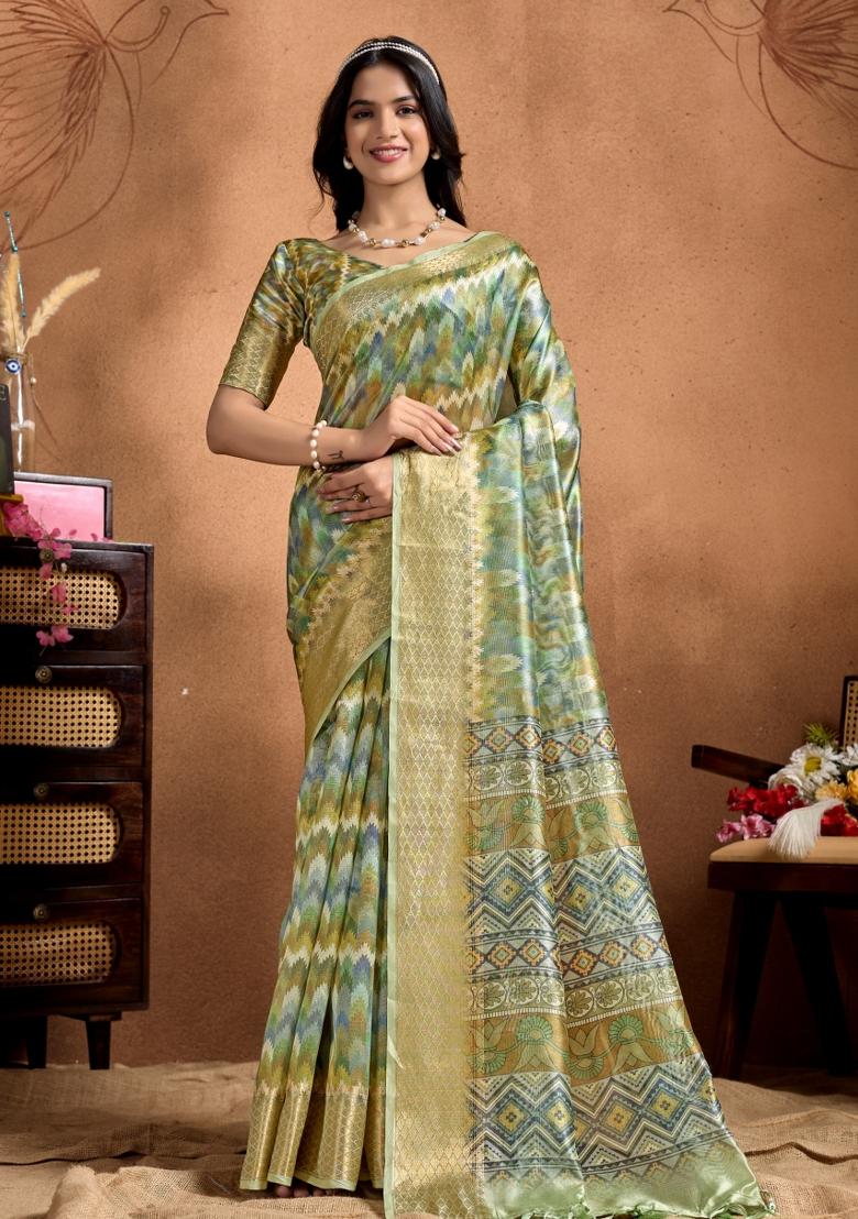 Green Embroidered Silk Saree Set - Indya