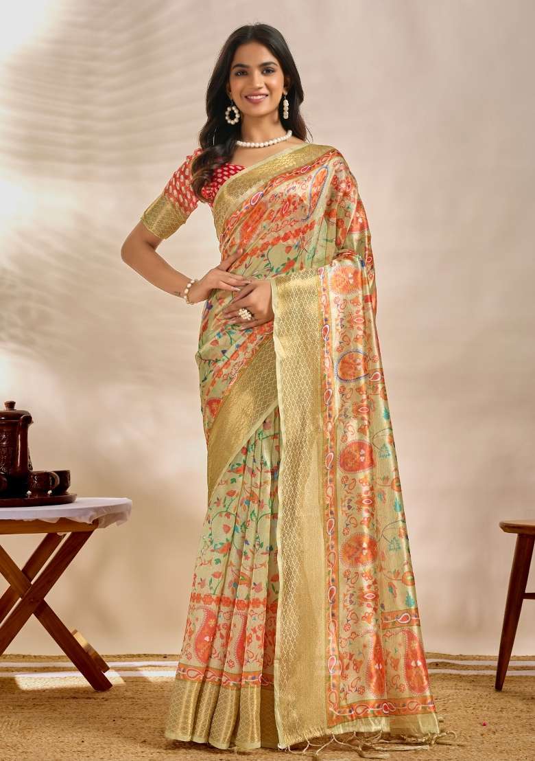 Cream Silk Blend Saree Set with Embroidered for Diwali | Wedding & Festive Wear - Indya