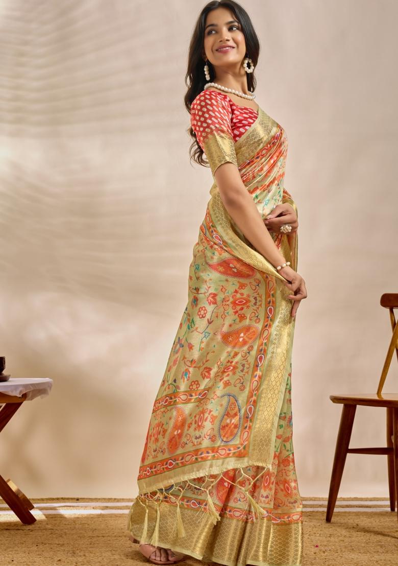Cream Embroidered Silk Saree Set - Indya