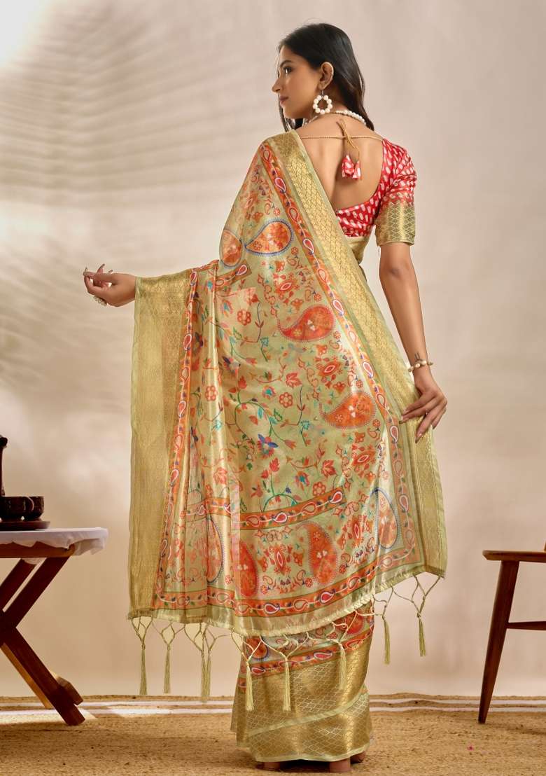 Cream Silk Blend Saree Set with Embroidered for Diwali | Wedding & Festive Wear - Indya