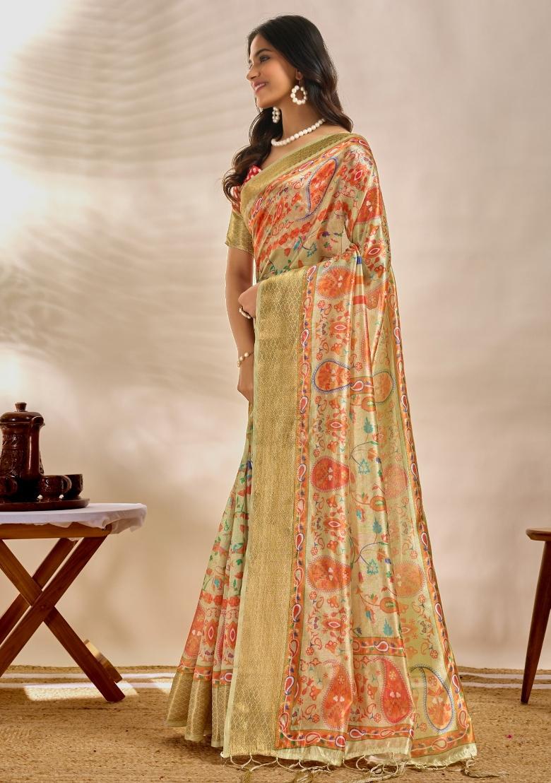 Cream Embroidered Silk Saree Set - Indya