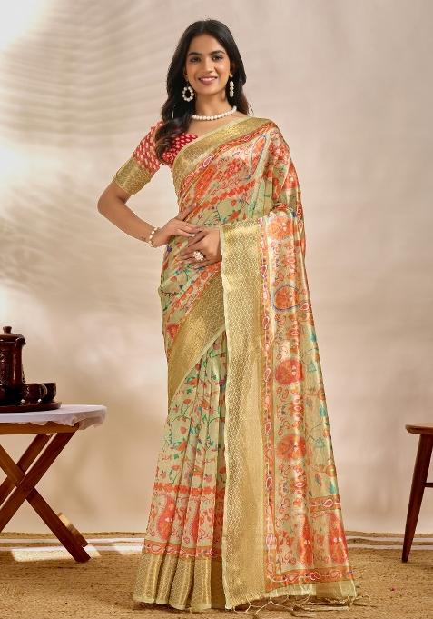 Cream Embroidered Silk Saree Set