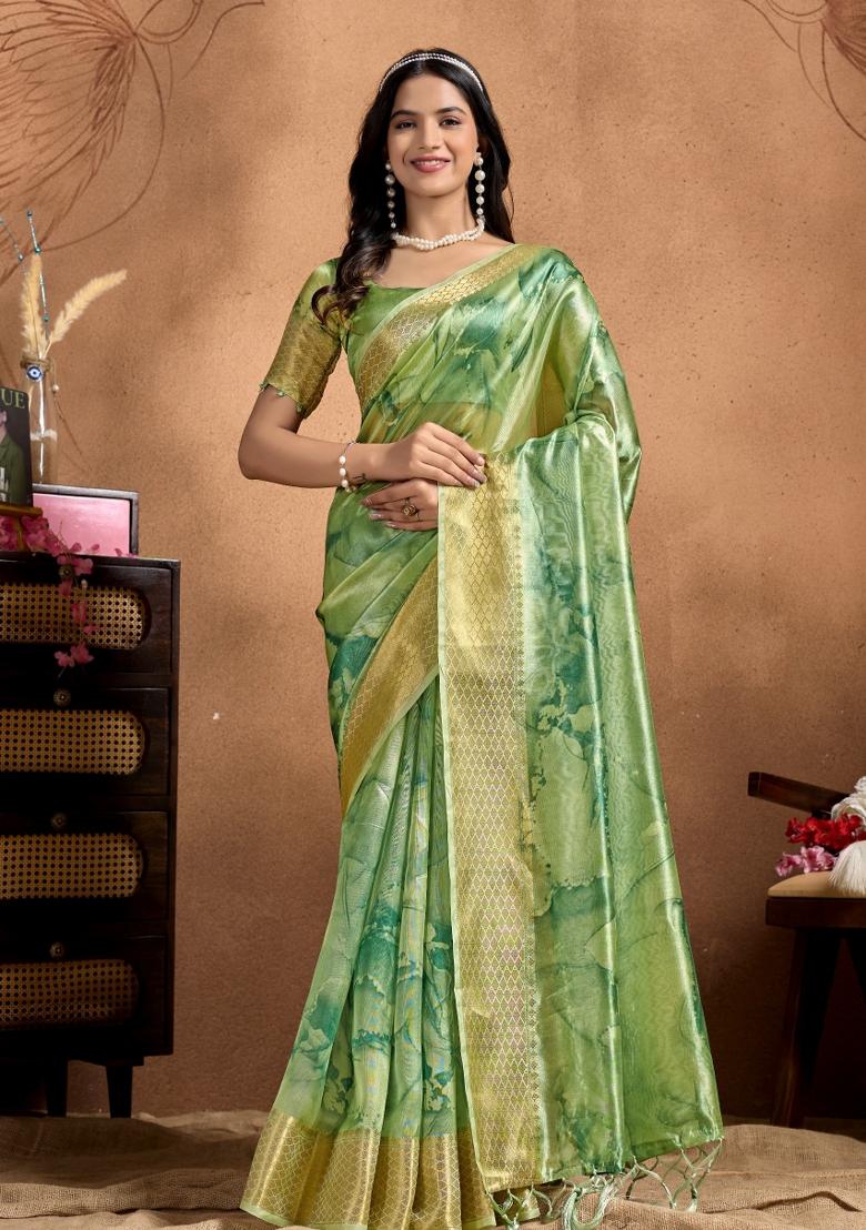 Light Green Embroidered Silk Saree Set - Indya