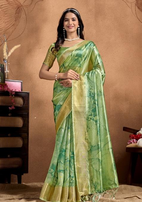 Light Green Embroidered Silk Saree Set