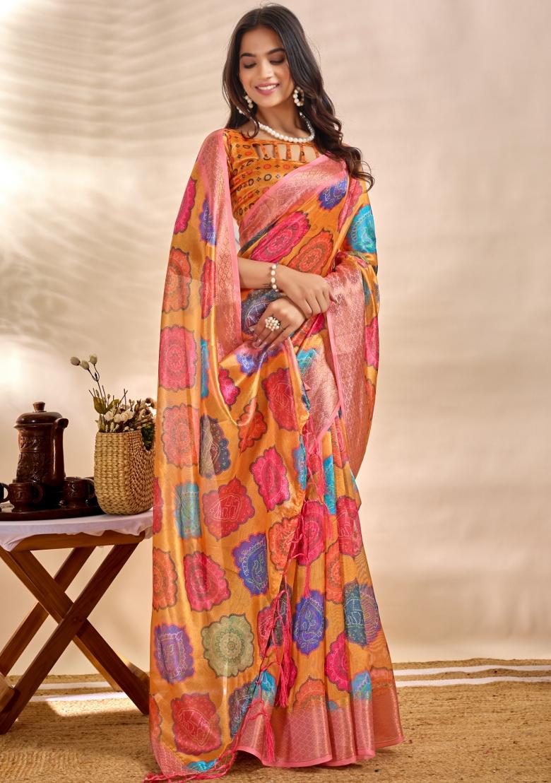 Mustard Embroidered Silk Saree Set - Indya