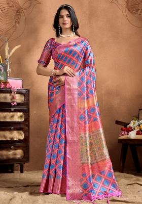 Pink Embroidered Silk Saree Set