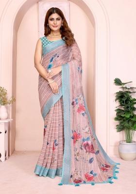 Peach Embroidered Cotton Saree Set