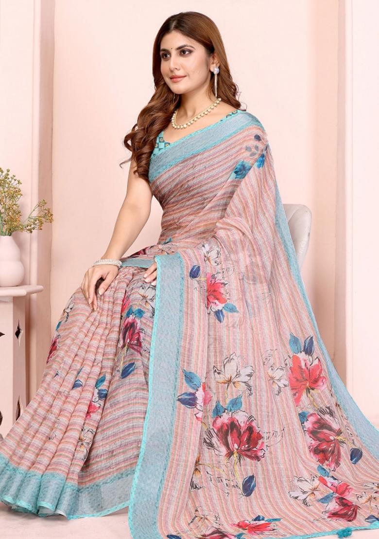 Peach Embroidered Cotton Saree Set - Indya