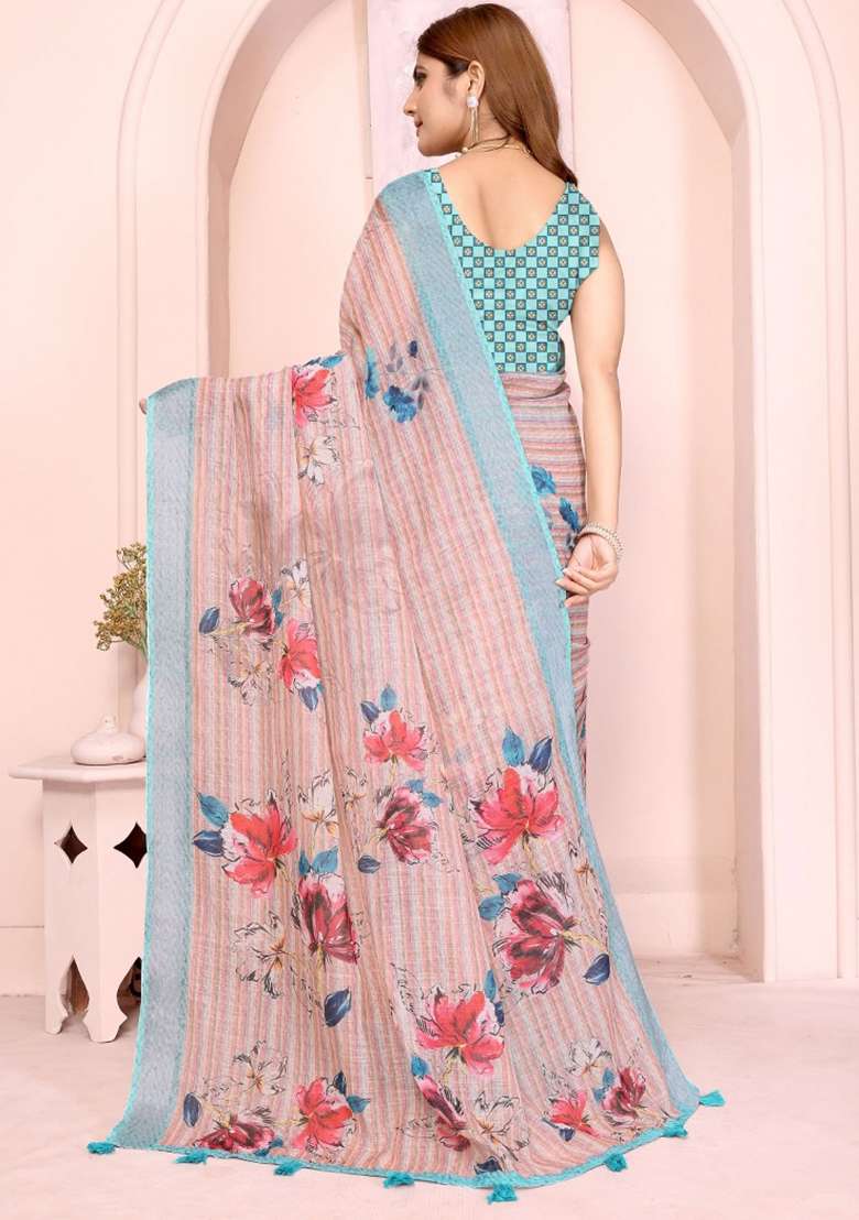 Peach Cotton Saree Set with Embroidered for Diwali | Wedding & Festive Wear - Indya