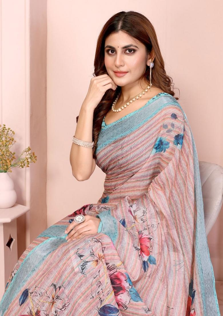 Peach Embroidered Cotton Saree Set - Indya