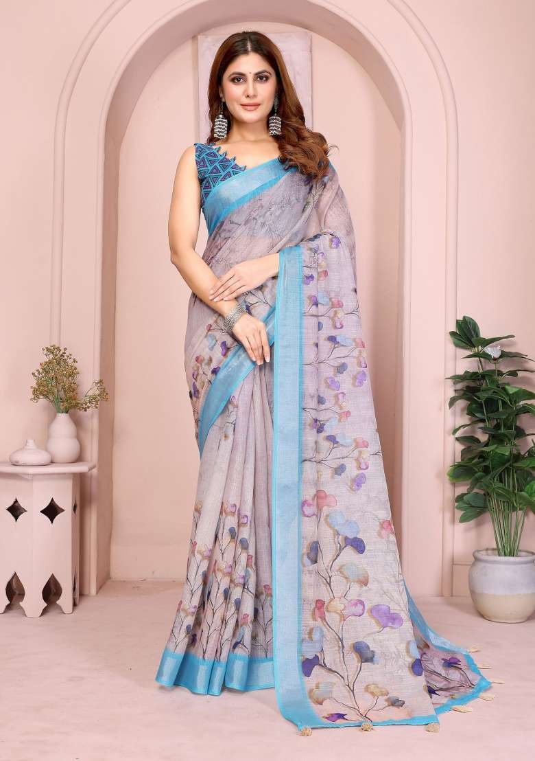 Grey Cotton Saree Set with Embroidered for Diwali | Wedding & Festive Wear - Indya