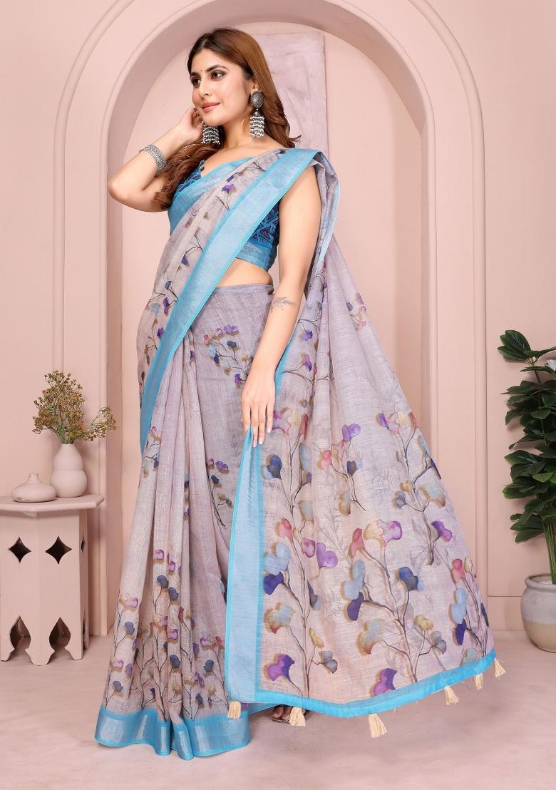 Grey Embroidered Cotton Saree Set - Indya