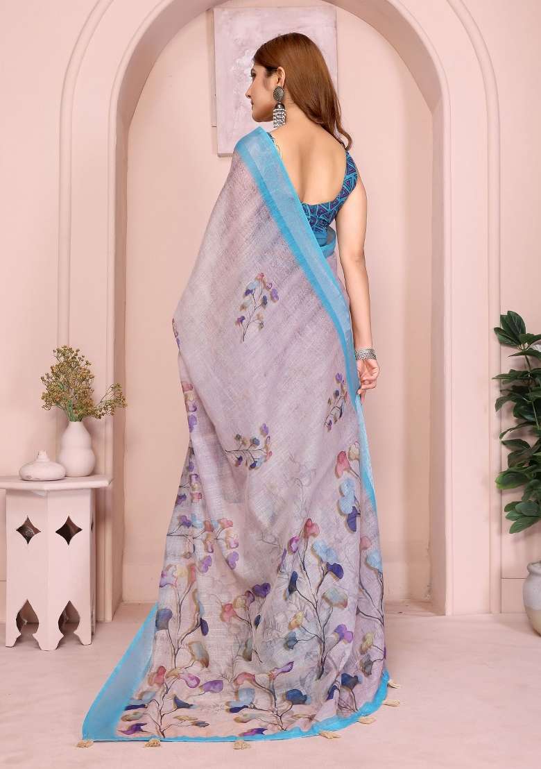 Grey Cotton Saree Set with Embroidered for Diwali | Wedding & Festive Wear - Indya