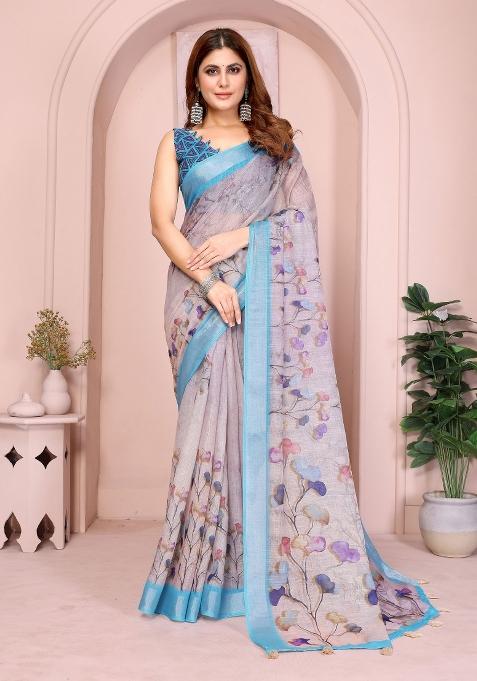 Grey Embroidered Cotton Saree Set