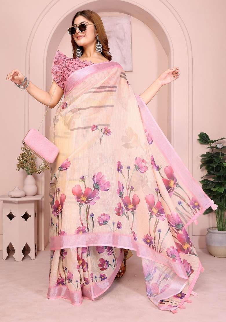 Yellow Cotton Saree Set with Embroidered for Diwali | Wedding & Festive Wear - Indya