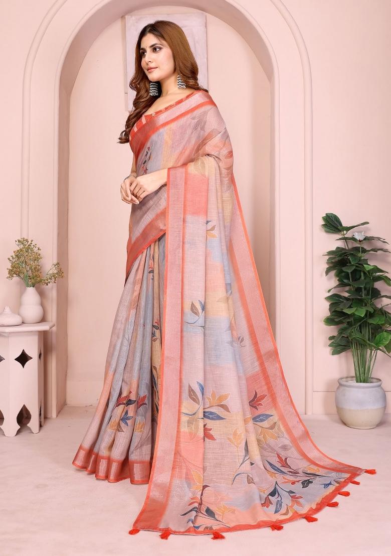 Grey Embroidered Cotton Saree Set - Indya